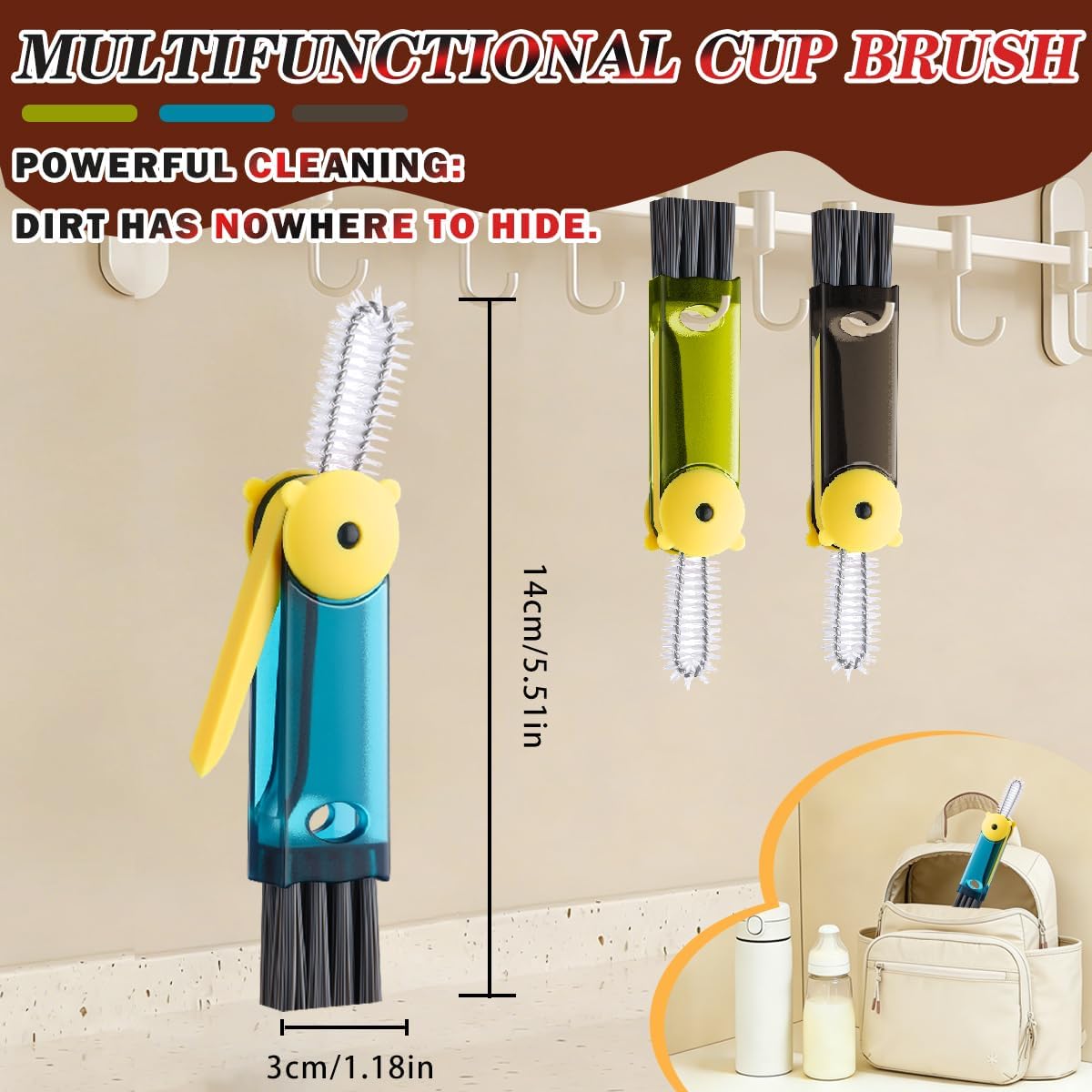 3 in 1 Cup Lid Cleaning Brush, 4PCS Multifunctional Crevice Cleaning Brush for Water Bottle Insulated Cup Tumbler Lid Groove Narrow Space Detail Cleaner Home Kitchen Gadgets