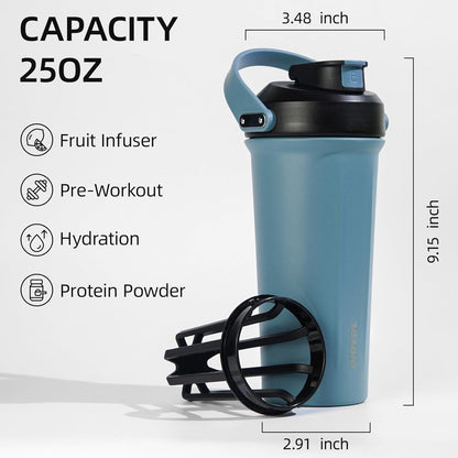 BJPKPK 25 oz Insulated Protein Shaker Bottle with Handle, Stainless Steel Tumbler for Protein Mixes,BPA Free Metal Shaker Cup for Gym Workout,White and Grey