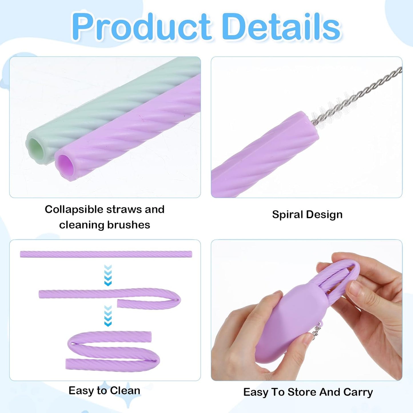 4 Set Portable Straw,Reusable Straws Silicone with Case Silicone Portable Drinking travel Straw Set for Party Travel Cold or Hot with 4 Cleaning Brushes (Purple,Pink,Green, Blue）