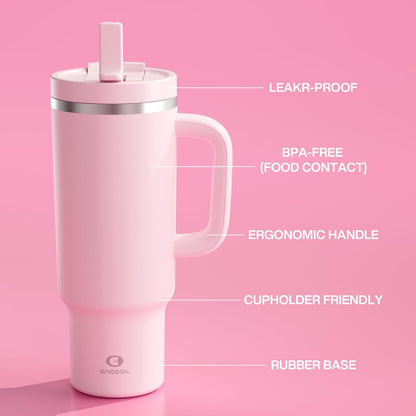 40 oz Tumbler with Handle and Straw: Stainless Steel Insulated Tumbler Keeps Cold for 24 Hours, Leakproof Travel Cup Fits in Cup Holder and BPA-Free, Cotton Candy