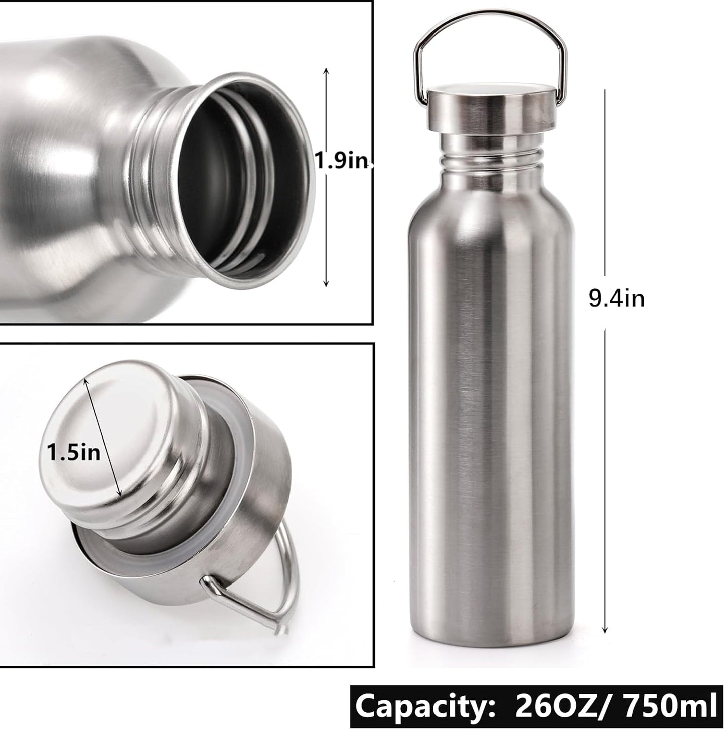 Yopay 2 Pack Stainless Steel Sports Water Bottles, 26OZ Single Walled 18/8 Stainless Steel Water Bottle with Handle, Uninsulate Metal Water Bottle for Cyclists, Runners, Hikers, Beach Goers, Picnics