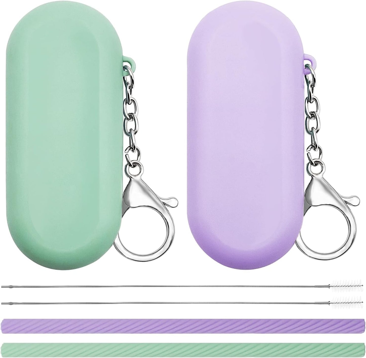 2 Set Silicone Straws with Case, Reusable Travel Straw Cruise Ship Essentials, Foldable Portable Straw + Deep Cleaning Brush + Carry Case with Keychain, for Travel & Party Cold or Hot (Pink & Blue)
