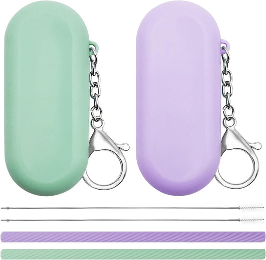 2 Set Silicone Straws with Case, Reusable Travel Straw Cruise Ship Essentials, Foldable Portable Straw + Deep Cleaning Brush + Carry Case with Keychain, for Travel & Party Cold or Hot (Pink & Blue)