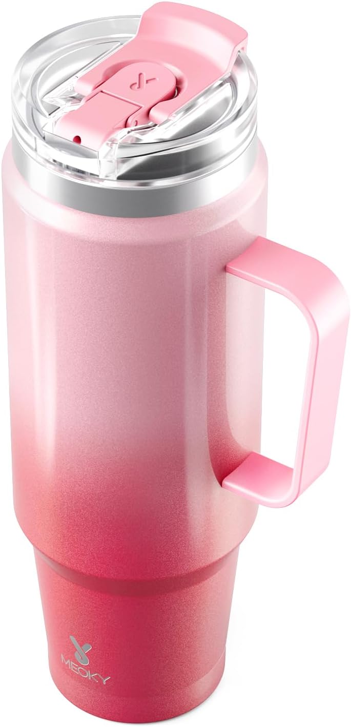 Meoky 32oz Tumbler with Handle, Stainless Steel Travel Mug with 2-in-1 Straw and Sip Lid, Vacuum Insulated Coffee Mug, 100% Leak Proof, Keeps Cold for 24 Hours or Hot for 8 Hours (Sky)
