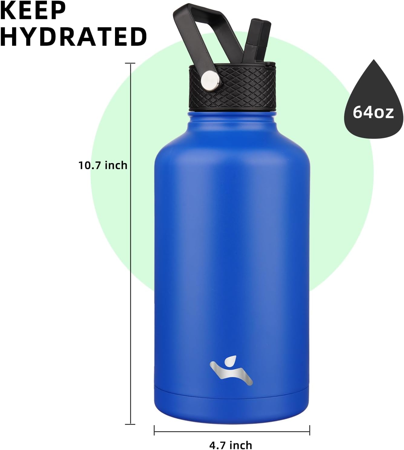 Konokyo 22oz Stainless Steel Bottles with 3 Lids Sport Insulated Water Bottle,Mint