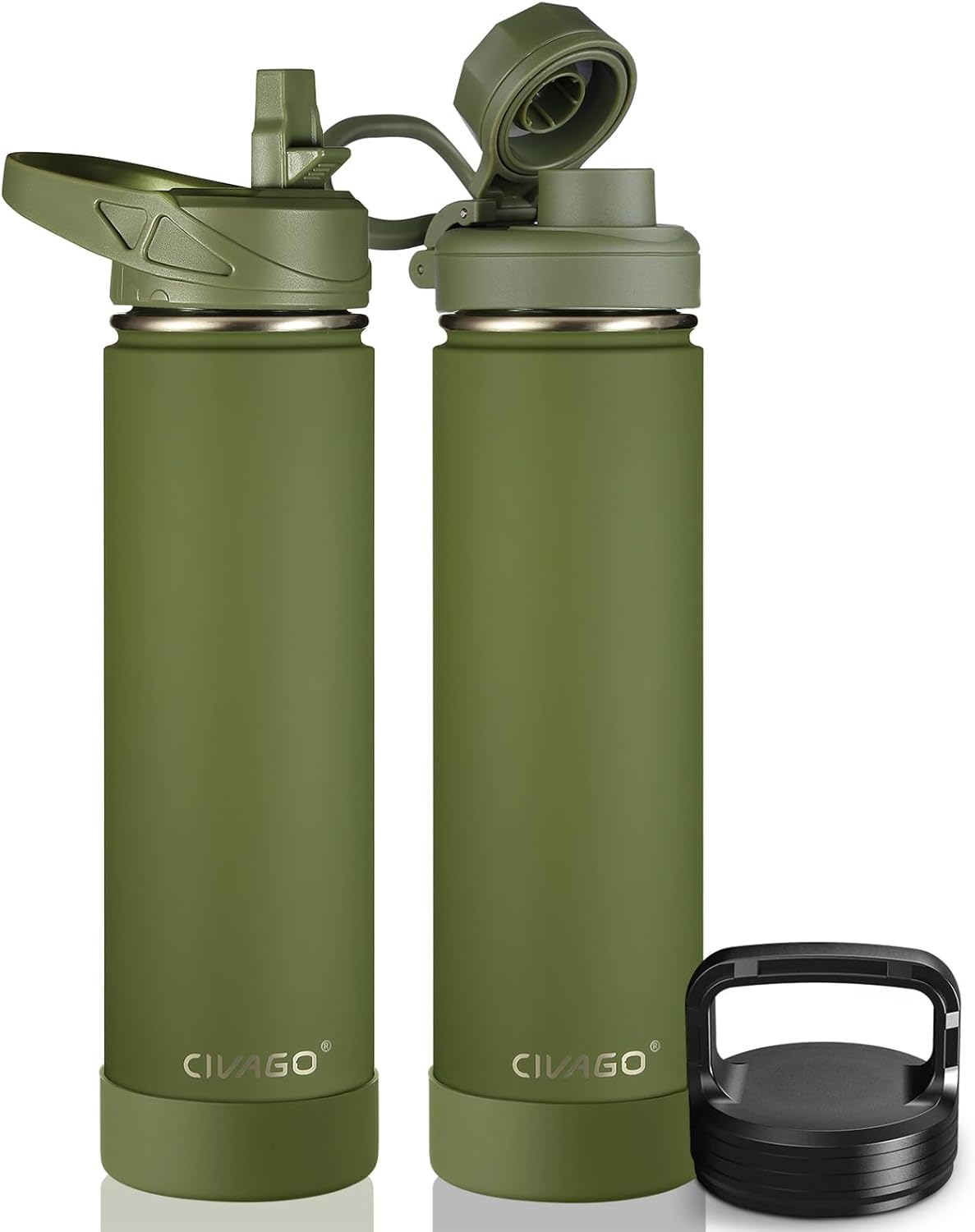 CIVAGO 32 oz Insulated Water Bottle With Straw, Stainless Steel Sports Water Cup Flask with 3 Lids (Straw, Spout and Handle Lid), Wide Mouth Travel Thermal Mug, Black