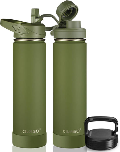 CIVAGO 32 oz Insulated Water Bottle With Straw, Stainless Steel Sports Water Cup Flask with 3 Lids (Straw, Spout and Handle Lid), Wide Mouth Travel Thermal Mug, Black