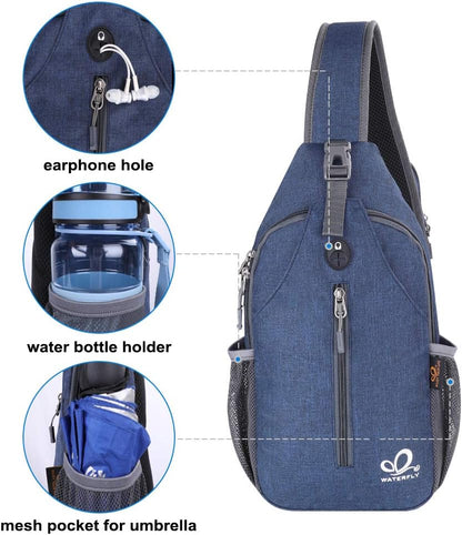 WATERFLY Crossbody Sling Backpack Sling Bag Travel Hiking Chest Bag Daypack (Black)