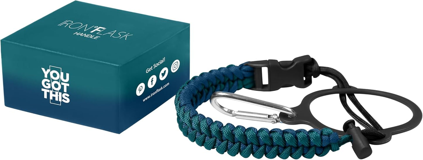 IRON °FLASK Paracord Handle - Fits Wide Mouth Water Bottles - Durable Carrier, Secure Accessories, Survival Strap Cord, Safety Ring, and Carabiner - Seven Core Paracord Bracelet