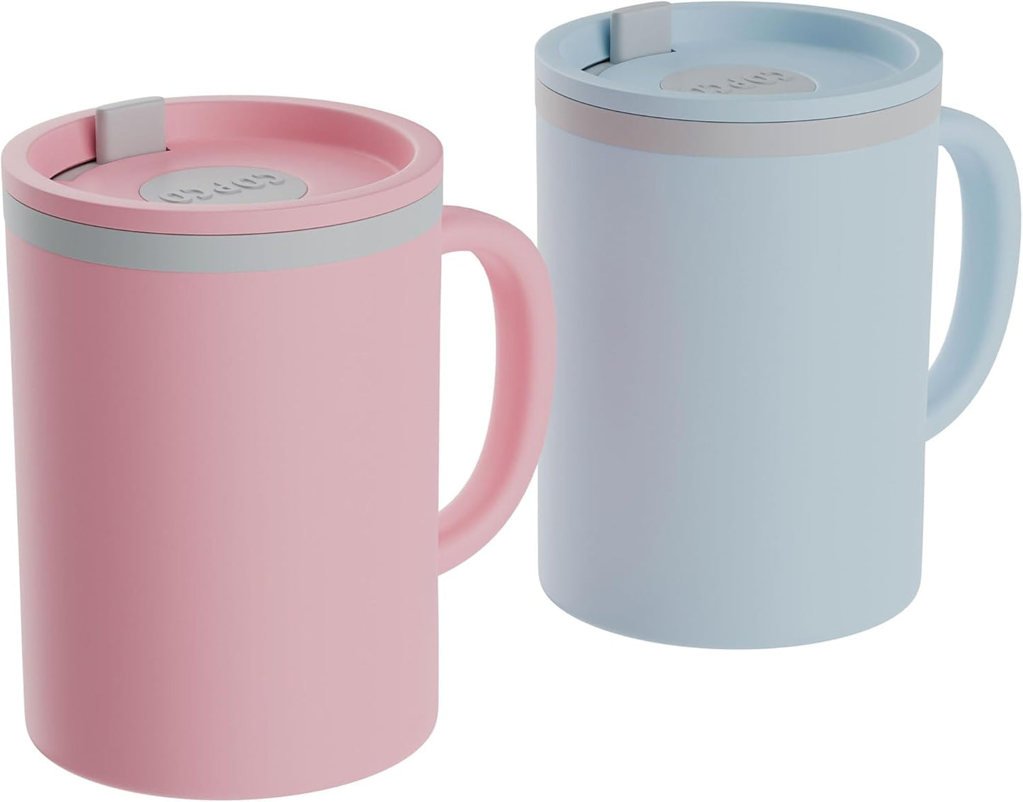 Copco Iconic 16oz Double Wall Insulated Desk Mug with Lid & Handle, Set of 2, BPA-Free Reusable Plastic, Spill-Resistant, Microwave & Dishwasher Safe, Wide Mouth (Grey)