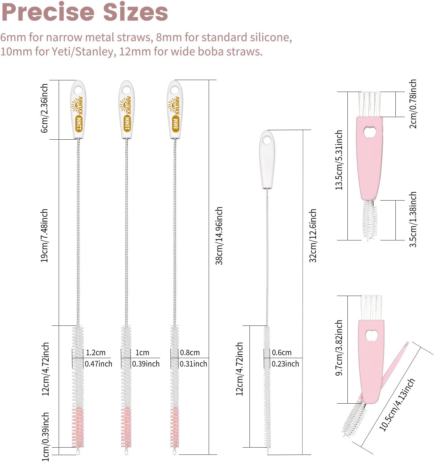 15 Inch Extra Long Straw Cleaner Brush Set, 5 Pcs Reusable Cleaning Brushes for Stanley 40 oz Tumbler, Owala, Yeti, Includes 4 Flexible Straw Brushes and 1 3-in-1 Cup Lid Gap Cleaning Tool(Pink)