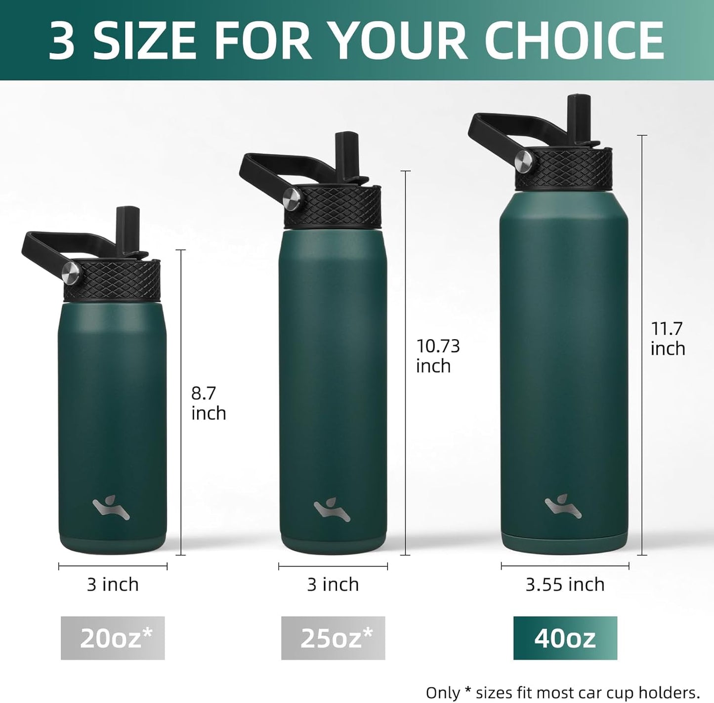 Konokyo 22oz Stainless Steel Bottles with 3 Lids Sport Insulated Water Bottle,Mint