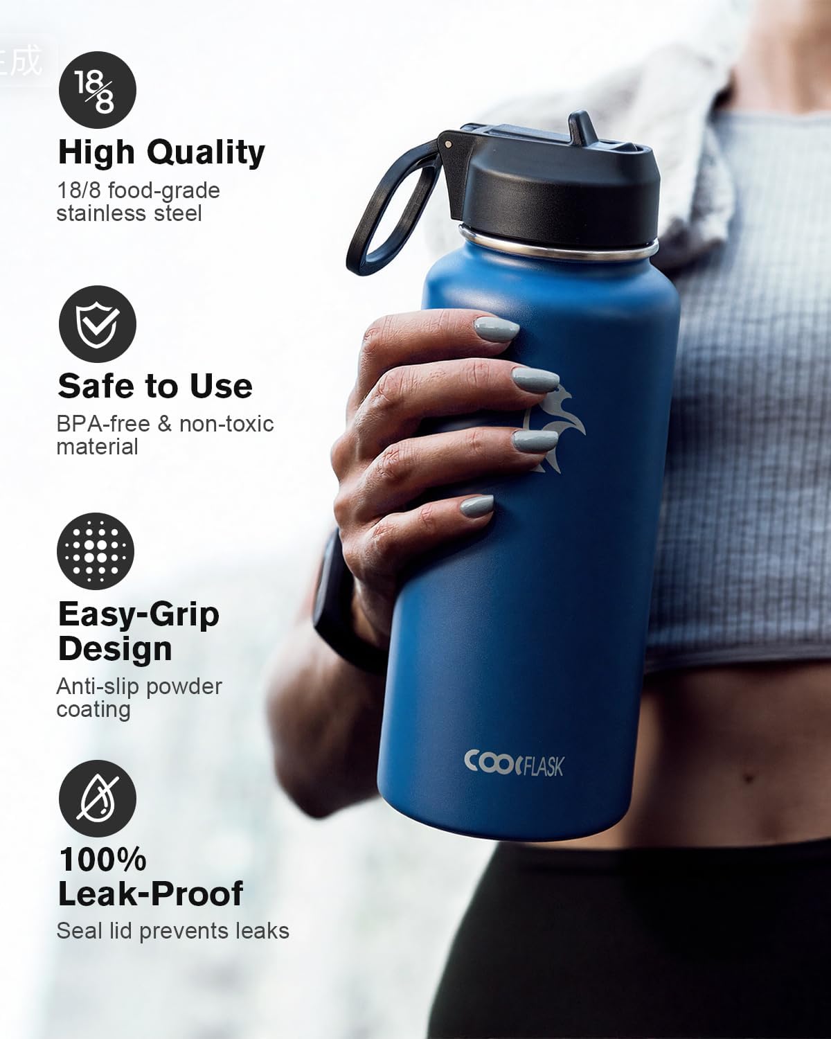 Half Gallon Water Bottle Insulated with Straw & 3 Lids, Coolflask 64 oz Water Jug Large Metal Stainless Steel Wide Mouth for Sports, Gym or Office, Non-BPA Keep Cold 48H Hot 24H, Samurai Cyan