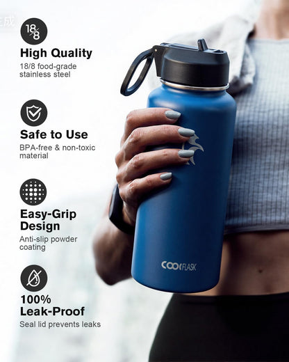 Half Gallon Water Bottle Insulated with Straw & 3 Lids, Coolflask 64 oz Water Jug Large Metal Stainless Steel Wide Mouth for Sports, Gym or Office, Non-BPA Keep Cold 48H Hot 24H, Samurai Cyan