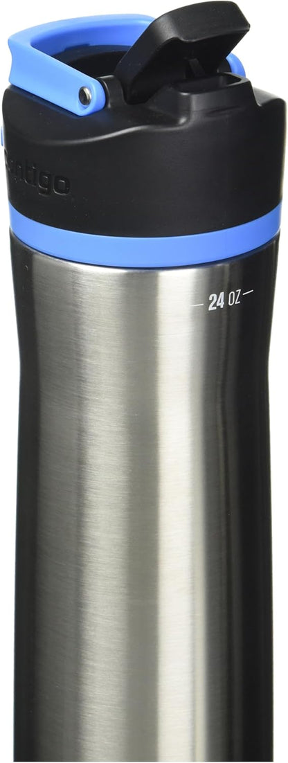 Contigo Cortland Chill 2.0 Vacuum-Insulated Stainless Steel Water Bottle, Spill-Proof Sip Technology, Interchangeable Lid, 24oz, Steel/Licorice, Perfect for Fitness Travel Everyday Use