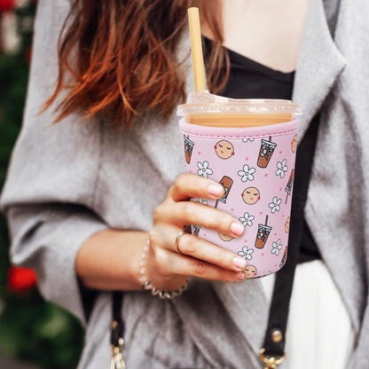 Reusable Insulated Neoprene Iced Coffee Cup Sleeve, Durable Drink Sleeve for Cold Beverages, Beverage Holder for Iced Coffee, Floral Checkers