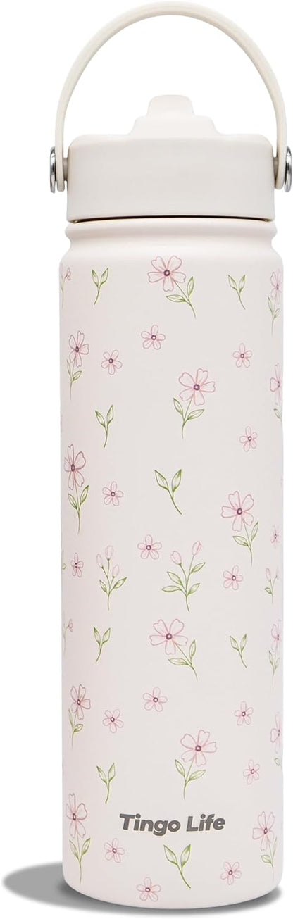 25oz Insulated Stainless Steel Aesthetic Cute Water Bottle - 2 Lids Included (Straw + Sport Handle), Leakproof BPA-Free, Dreamy Cream Cute Floral Design, Perfect Gym/Yoga/Office Companion