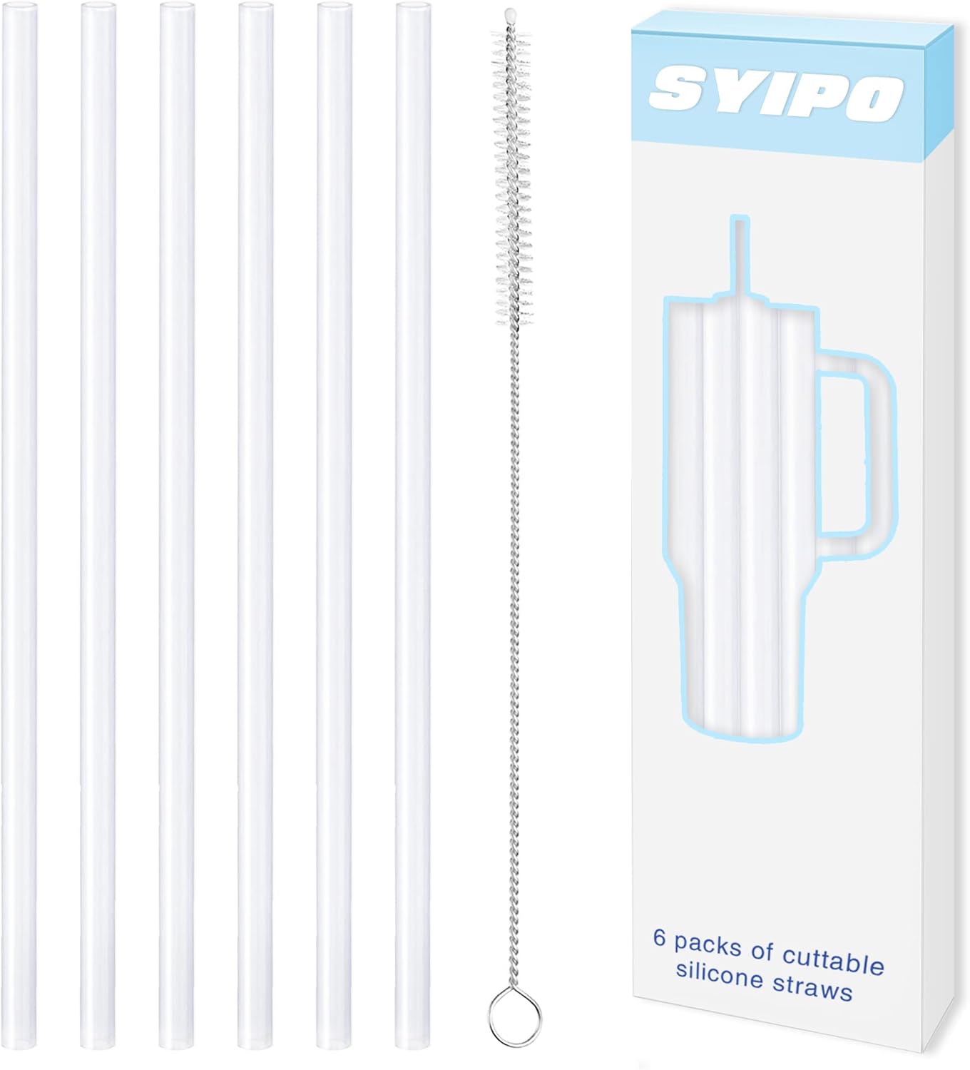 Replacement Silicone Straws for Stanley 40 oz Adventure Tumbler, 6 Pack Reusable Food Grade Silicone Straws with Cleaning Brush, Can be Cut Off — for Stanley Cup 40 oz Water Jug Accessories, 12" Long