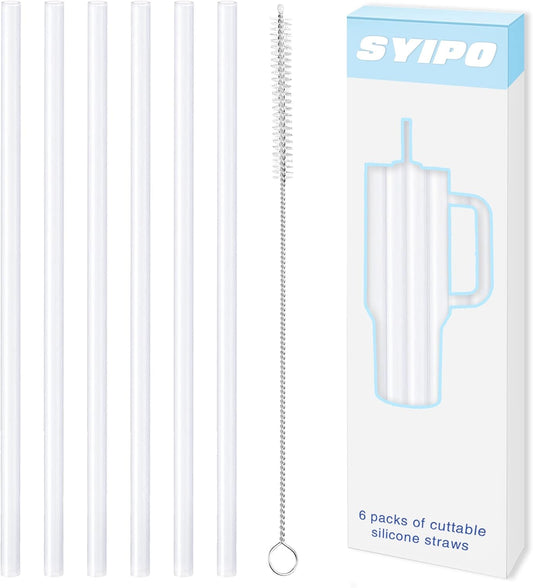 Replacement Silicone Straws for Stanley 40 oz Adventure Tumbler, 6 Pack Reusable Food Grade Silicone Straws with Cleaning Brush, Can be Cut Off — for Stanley Cup 40 oz Water Jug Accessories, 12" Long