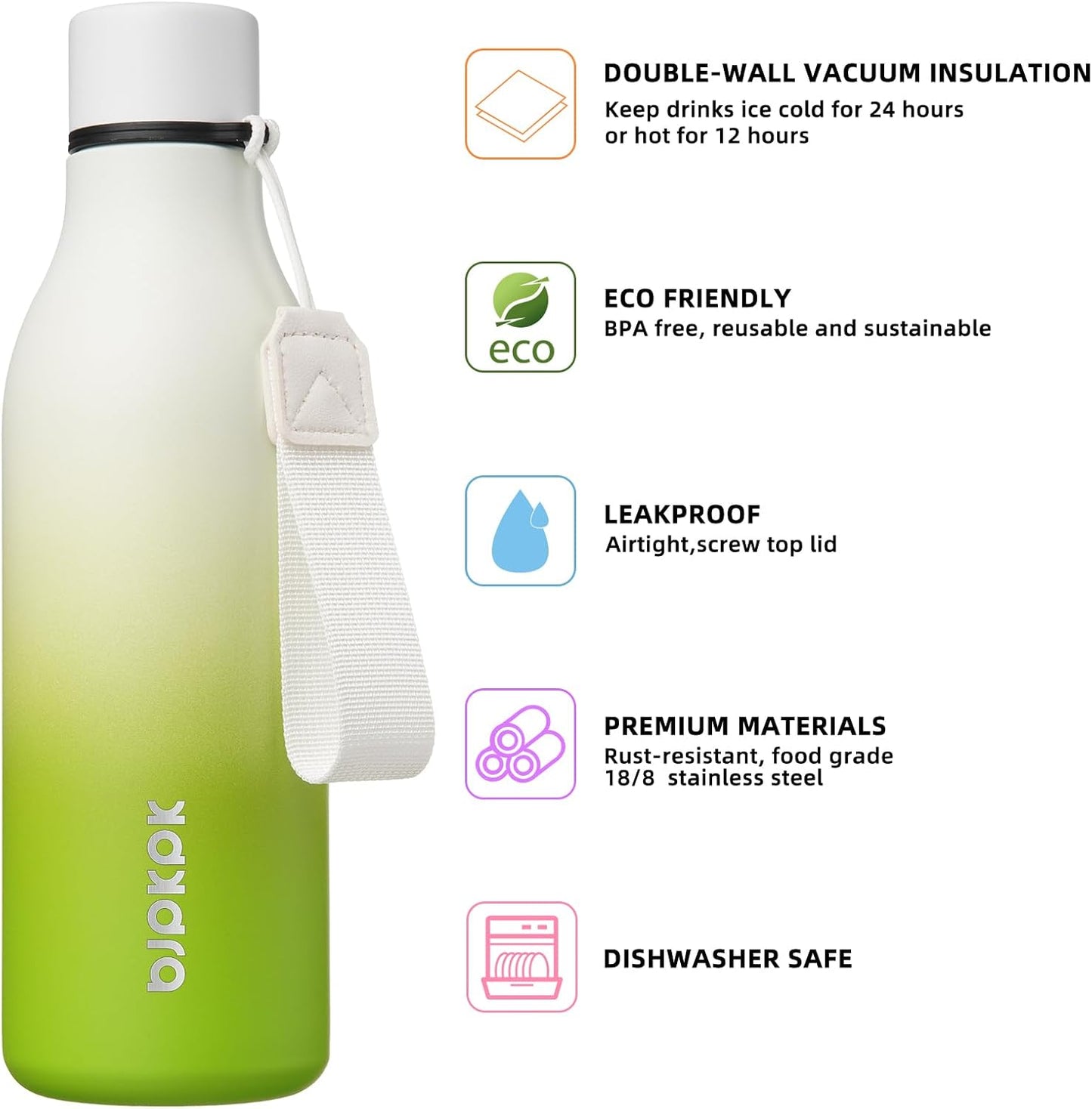 BJPKPK Insulated Water Bottles, 18 oz Stainless Steel Metal Water Bottle with Strap, BPA Free Leak Proof Jugs, Mugs, Flasks, Reusable Thermal Flasks for Sports & Travel, Black - Colors B