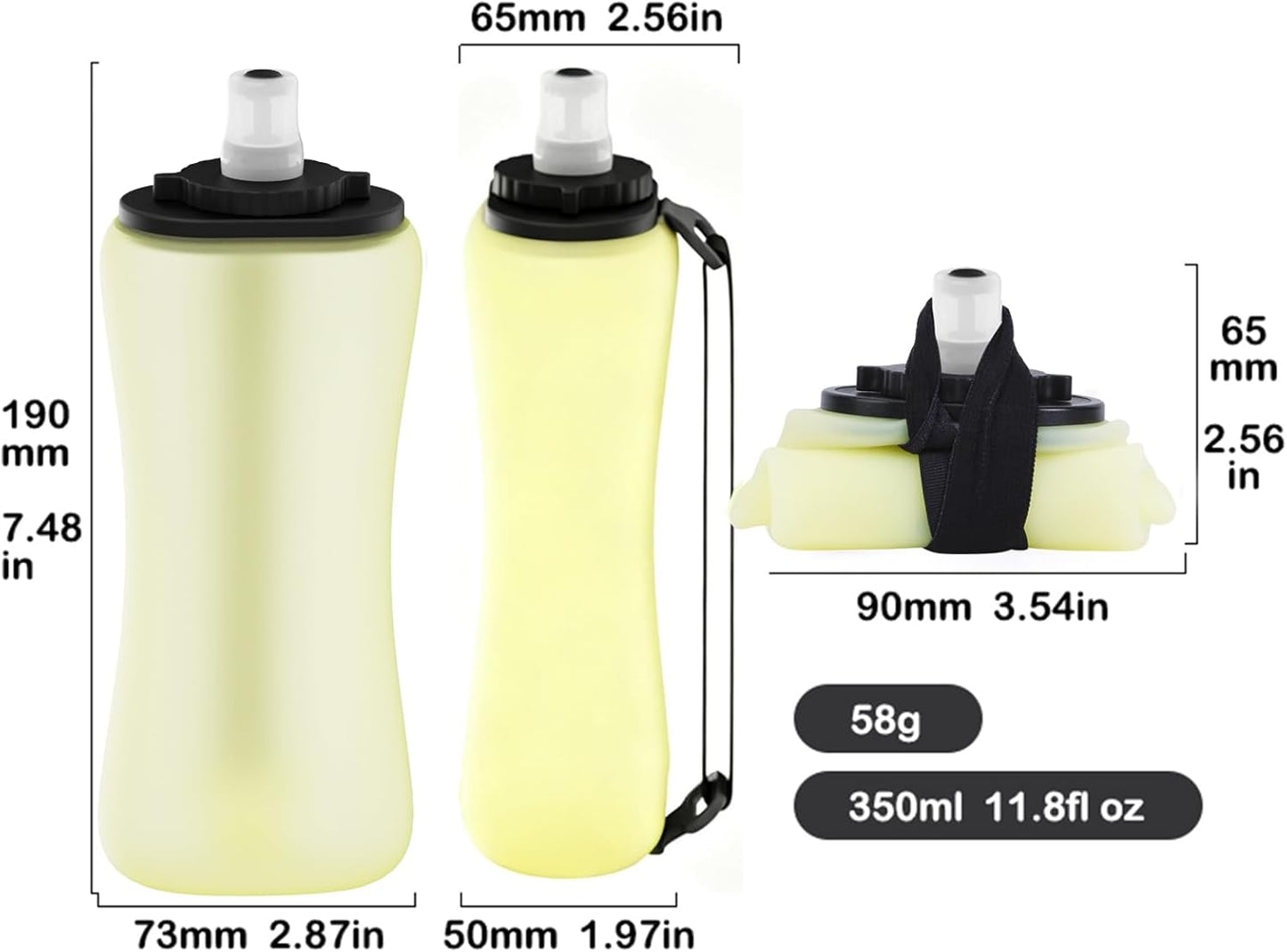 Soft Flask 11.8oz/350ml, Soft Silicone Quick Grip Chill Handheld Water Bottle Collapsible for Running Hydration Morning Jogging Climbing Cycling Sports Activity (Yellow)