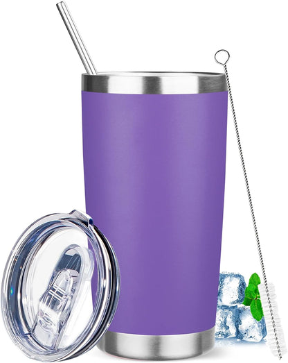 20 oz Tumbler with Lids and Straws, Stainless Steel Insulated Travel Coffee Mug, Double Wall Vacuum Insulated Tumblers, Powder Coated Coffee Tumbler for Cold & Hot Drinks (Light Purple)