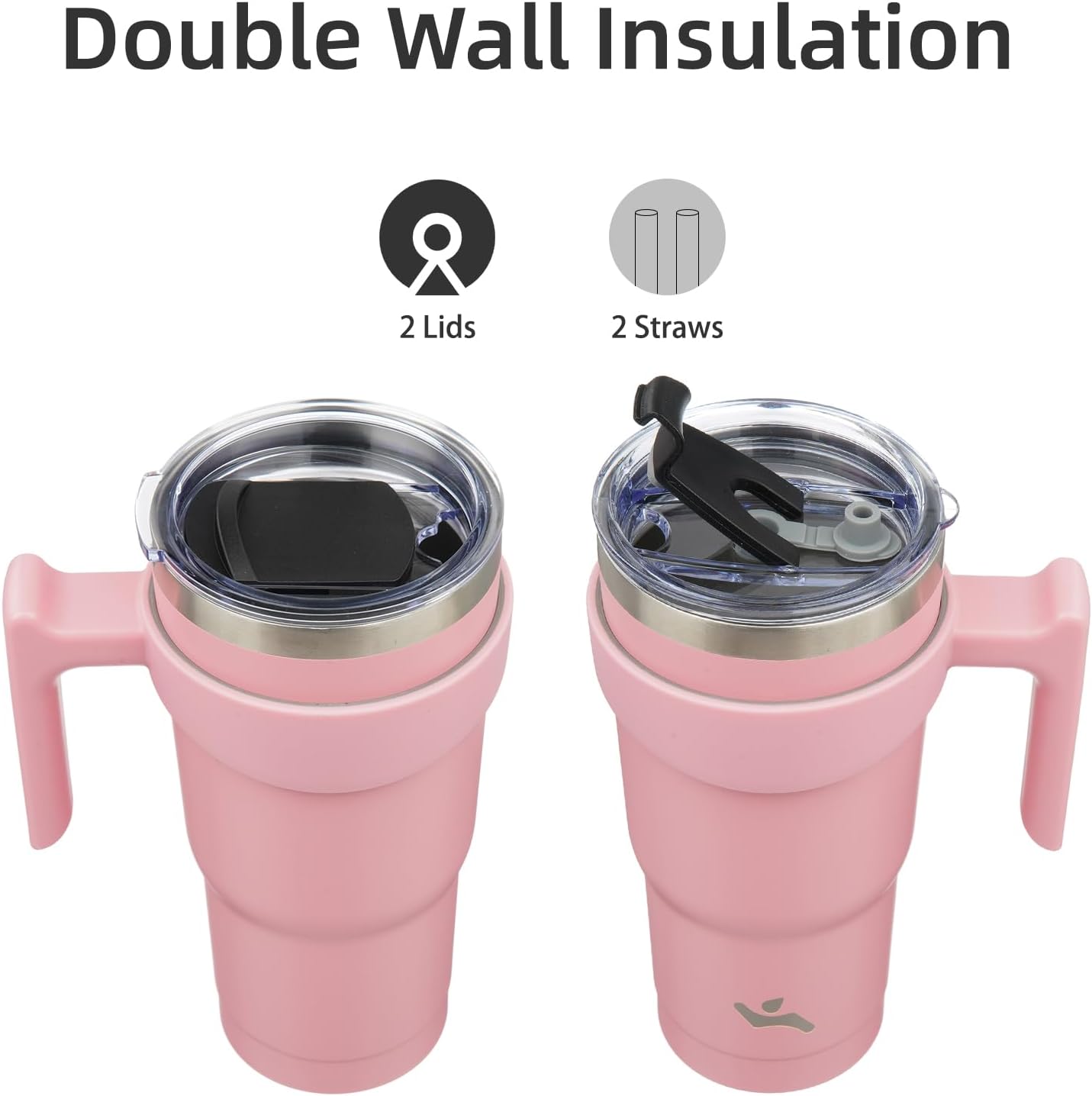 Konokyo 20 oz Tumbler with Handle and 2 Straw 2 Lid, Insulated Water Bottle Stainless Steel Vacuum Cup Reusable Travel Mug,Black