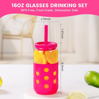 Mrsdry Glass Cups with Lids and Straws (4 Pcs), 16oz Drinking Glasses Set with Silicone Sleeves for Coffee Bar Accessories Iced Coffee Cups with Lids, Glass Tumbler Reusable for Gifts