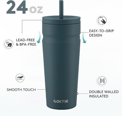 COKTIK 24oz Insulated Tumbler with Lid and Straw Iced Coffee Cup Reusable Stainless Steel Travel Mug Water Bottle Cupholder Friendly for Women Men Her Him (Blush)