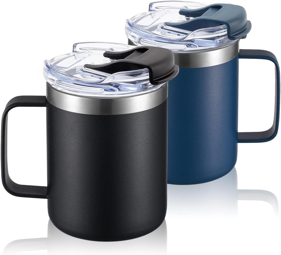 12oz Insulated Coffee Mug Cup with Handle, Stainless Steel Travel Coffee Mug with Flip Lid, Double Wall Vacuum Coffee Tumbler, Navy
