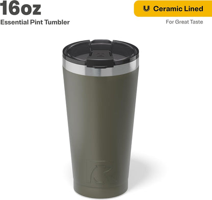 RTIC 16oz Essential Pint Tumbler with Lid, Ceramic Lined, Insulated, Stainless Steel, Metal, Double Wall Vacuum-Insulation, Portable Travel Cup for Beer, Iced Coffee, Tea, Hot and Cold Drink, Olive