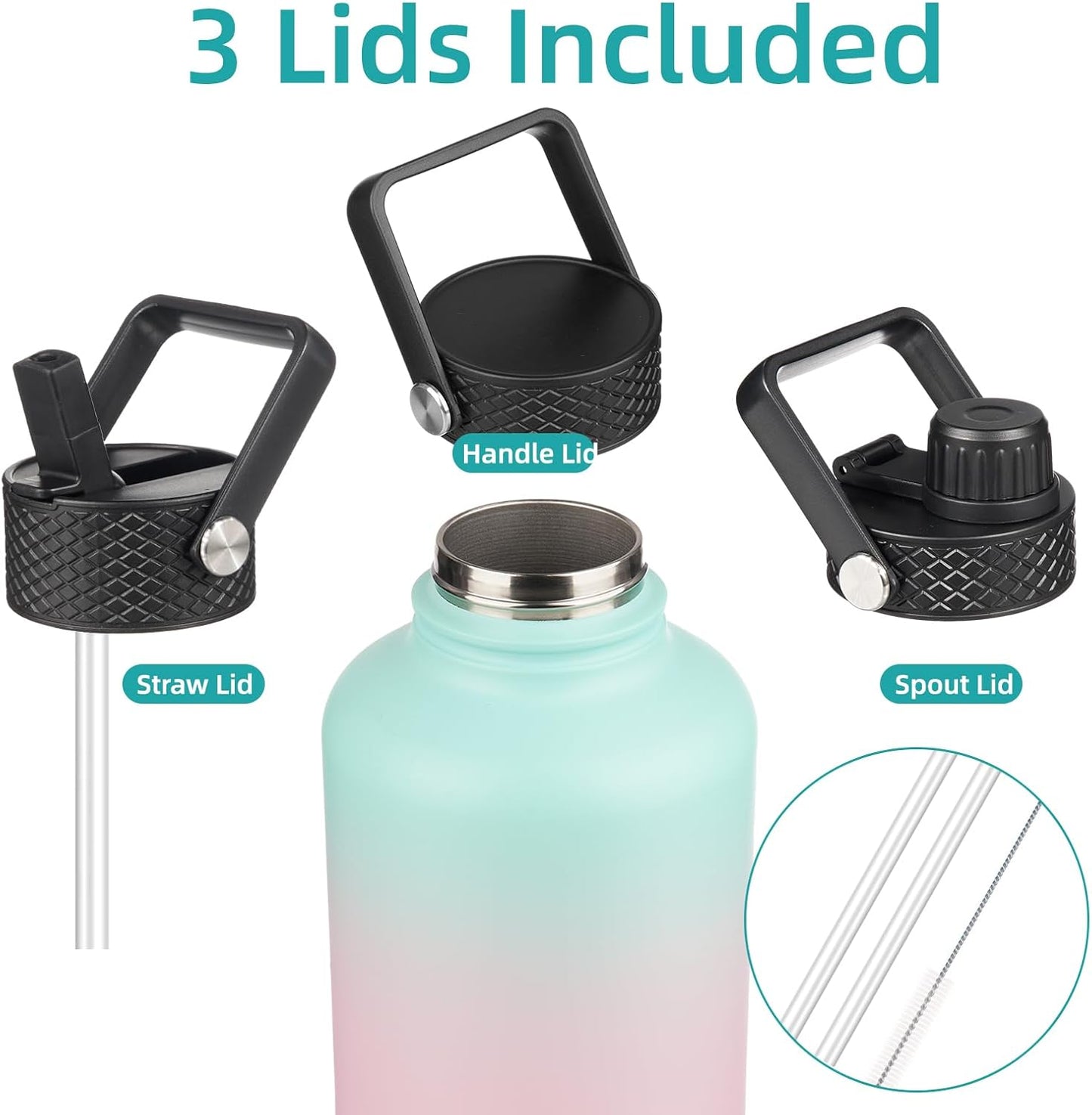 Konokyo 22oz Stainless Steel Bottles with 3 Lids Sport Insulated Water Bottle,Mint