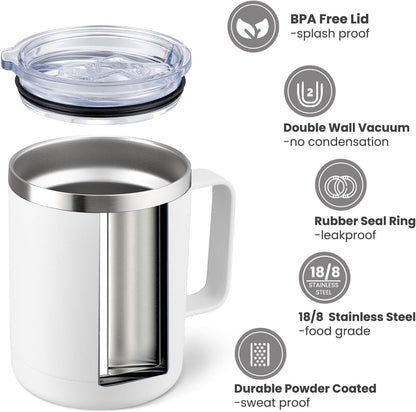 MEWAY 12oz Coffee Mug With Handle and Sliding Lid,Stainless Steel Travel Tumbler Cup with Handle,Double Wall Vacuum Insulated Camping Cup for Hot & Cold Drinks Tea (Black,Set of 1