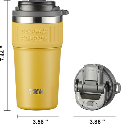 TKK Insulated Coffee Mug with Ceramic Coating, 21oz Iced Coffee Tumbler Cup with Straw Lid Double Wall Vacuum Leak Proof Travel Mug with Strap for Hot and Iced Beverage, Tungsten Steel