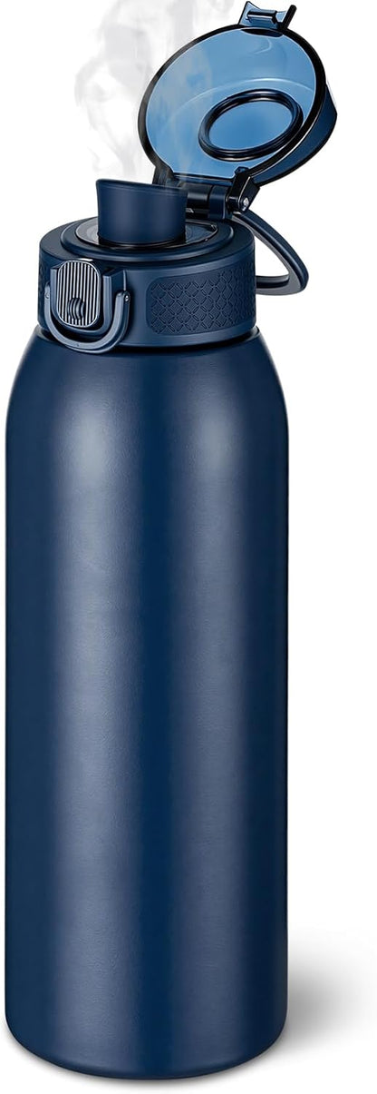 Insulated Water Bottle 24 oz with Dustproof Lid, Carry Handle & Tea Infuser, BPA-Free & Leakproof, Stainless Steel Water Bottles Ideal for Fitness, Hiking, Office & Outdoor Use (Black)