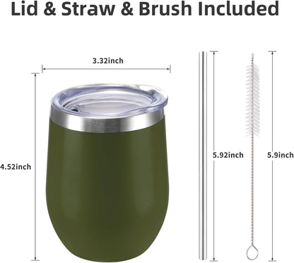 12 oz Insulated Wine Tumbler with Lid and Straw,Stainless Steel Stemless Wine Tumbler Glasses Double Wall Vacuum Wine Cups Tumbler for Coffee,Champaign,Cocktail,Office（Silver,1）