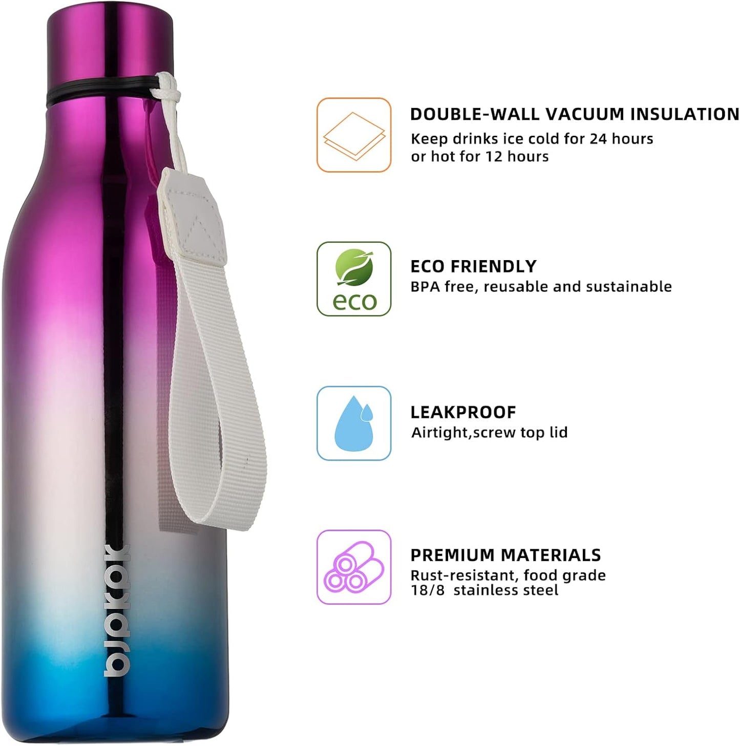 BJPKPK Insulated Water Bottles, 18 oz Stainless Steel Metal Water Bottle with Strap, BPA Free Leak Proof Jugs, Mugs, Flasks, Reusable Thermal Flasks for Sports & Travel, Black - Colors A