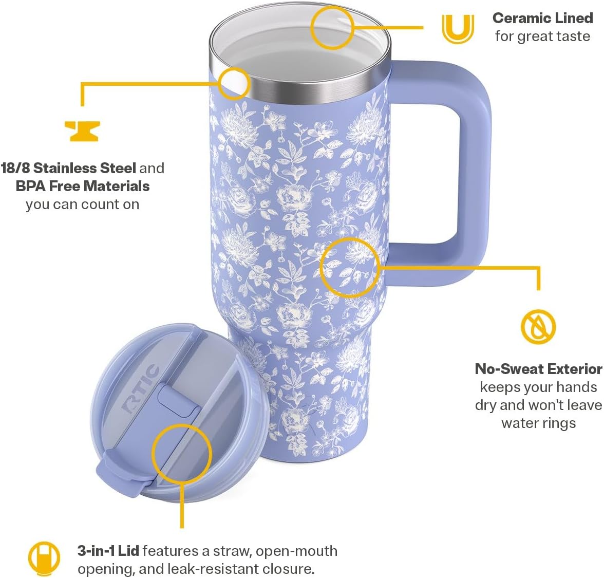 RTIC 30 oz Road Trip Tumbler Double-Walled Ceramic Lined InsulatedStainless Steel Portable Travel Coffee Mug Cup with Lid, Handle and Straw, Periwinkle Bouquet