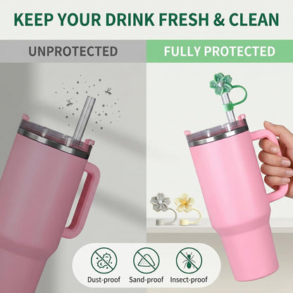 BTYHAOS Silicone Straw Caps for 10mm Tumblers | Reusable Dust-Proof Straw Toppers Compatible with Stanley 30oz & 40oz Tumblers (Purple Flower 3pc)