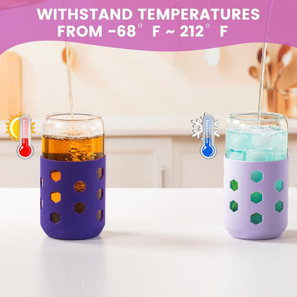 Mrsdry Glass Cups with Lids and Straws (4 Pcs), 16oz Drinking Glasses Set with Silicone Sleeves for Coffee Bar Accessories Iced Coffee Cups with Lids, Glass Tumbler Reusable for Gifts