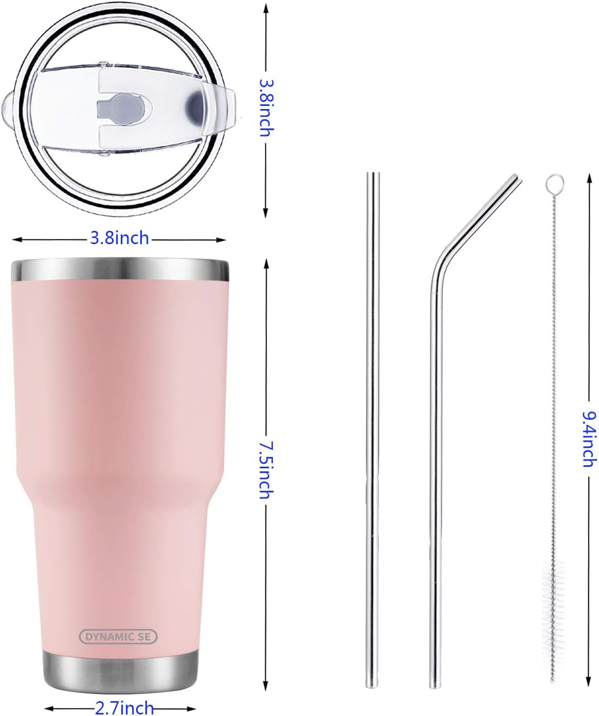 D·S 30oz Blue Tumbler Stainless Steel Double Wall Vacuum Insulated Mug with Straw and Lid, Cleaning Brush for Cold and Hot Beverages