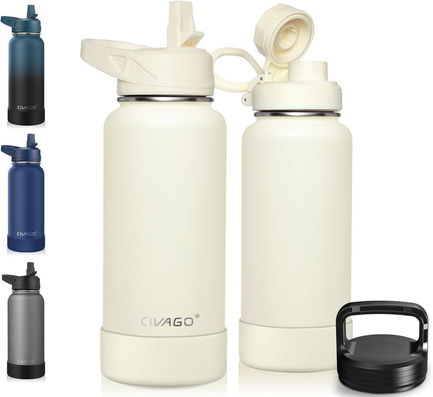 CIVAGO 32 oz Insulated Water Bottle With Straw, Stainless Steel Sports Water Cup Flask with 3 Lids (Straw, Spout and Handle Lid), Wide Mouth Travel Thermal Mug, Black