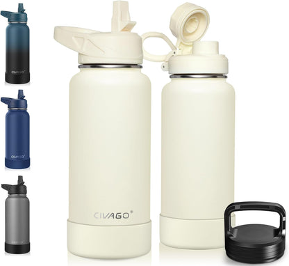 CIVAGO 32 oz Insulated Water Bottle With Straw, Stainless Steel Sports Water Cup Flask with 3 Lids (Straw, Spout and Handle Lid), Wide Mouth Travel Thermal Mug, Black