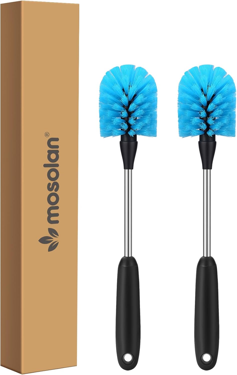 MOSOLAN Stainless Steel Water Bottle Brush, Long Handle Scrubbing Brush, Built for Cleaning Sport Bottles, Baby Bottles, Cups, Coffee Mugs, Glasswares, Wine Decanters, Flask, 2 Pack, 15 in