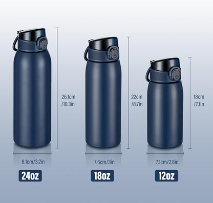 Insulated Water Bottle 24 oz with Dustproof Lid, Carry Handle & Tea Infuser, BPA-Free & Leakproof, Stainless Steel Water Bottles Ideal for Fitness, Hiking, Office & Outdoor Use (Black)