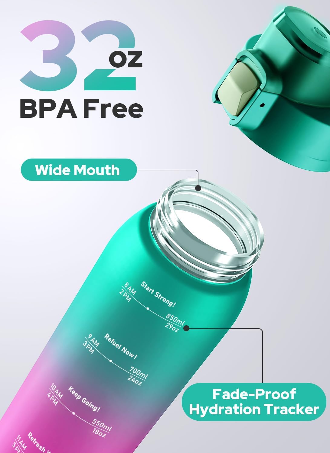 Opard Zip 32oz Plastic Water Bottle Dishwasher Safe, Leakproof Flip-Top Lid, BPA Free Tritan, Wide Mouth Reusable Sports Water Bottle for Gym Hiking Commuting Outdoor Travel and School