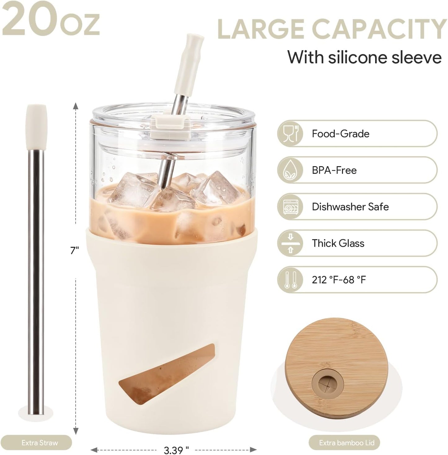 Glass Tumbler with Lids and Straws, 20 oz Iced Coffee Cup and Smoothie Cup with Bamboo Lid and On the go Lid,Glass Cups With Straws