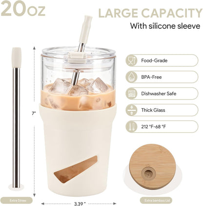 Glass Tumbler with Lids and Straws, 20 oz Iced Coffee Cup and Smoothie Cup with Bamboo Lid and On the go Lid,Glass Cups With Straws