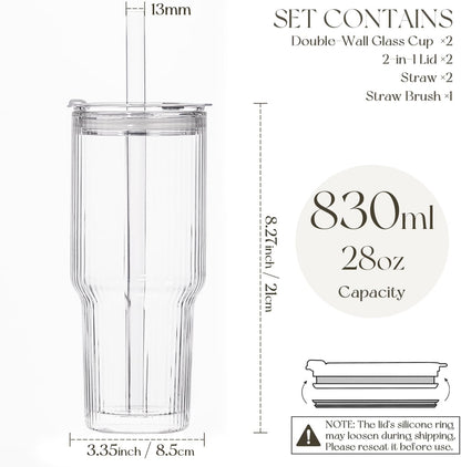 KEMORELA 28 oz Double Wall Glass Tumblers Set of 2, Extra-Wide 13mm Reusable Drinking Straws, Boba Tumbler, Wide-Mouth Water Cups for Iced Coffee, Smoothies, Boba & Tea Lovers (Clear)