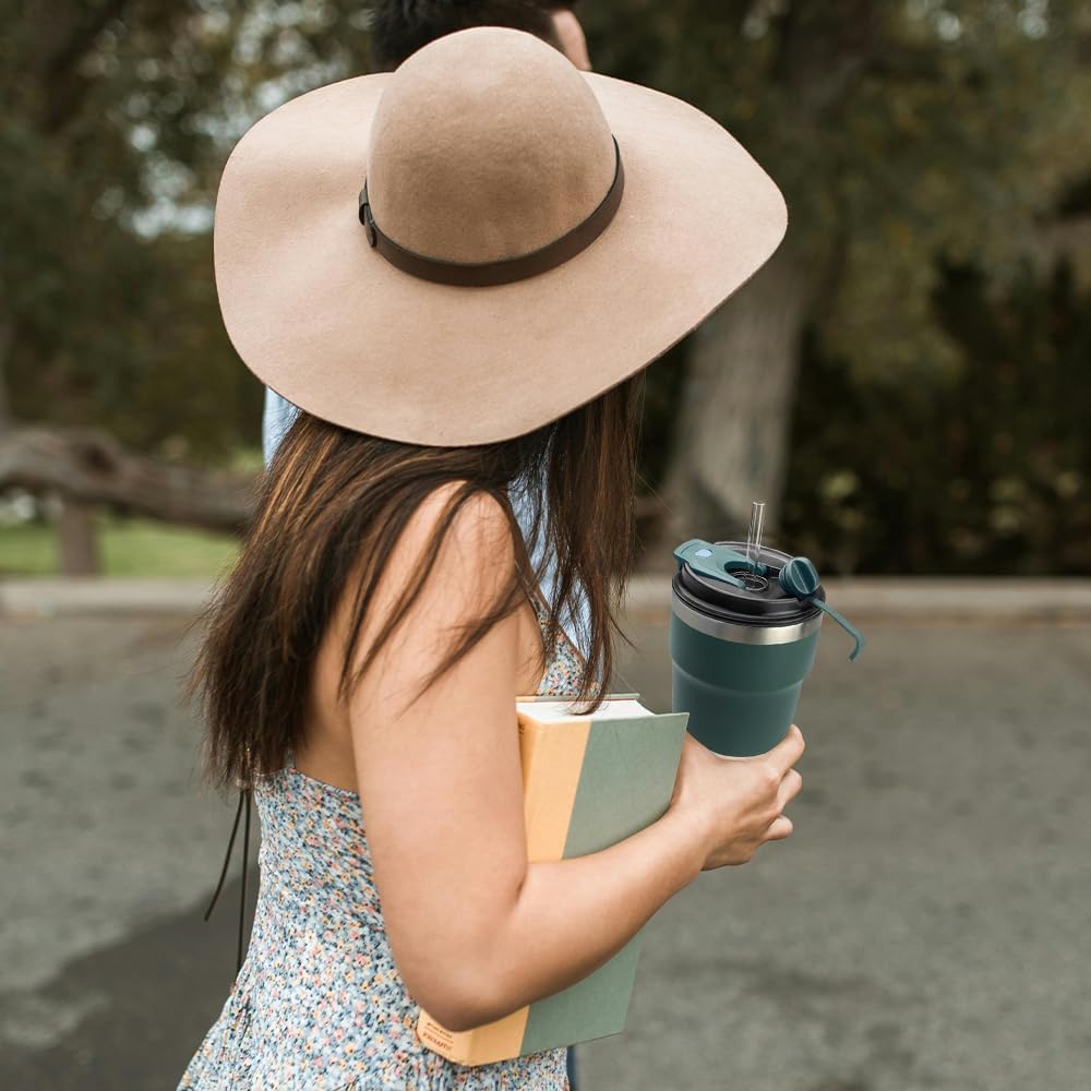 SPLMIFA Travel Coffee Mug Leak-Proof, Reusable Coffee Cups with Lids, Stainless Steel Vacuum Insulated Coffee Tumblers, Thermal Insulation Cup for Men and Women Hot & Cold Drinks(2nd-Green Pink, 12OZ)
